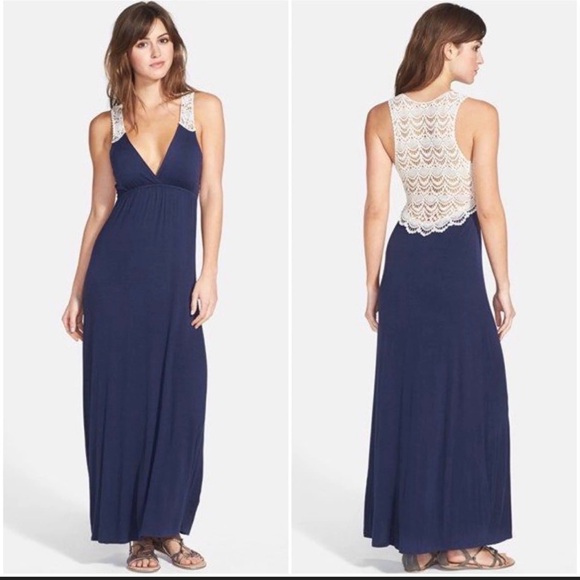 Forever 21 Dresses & Skirts - Forever 21 XX1Navy Maxi Sleeveless Lined Crochet Gauzy Viscose/Cotton Boho S EUC